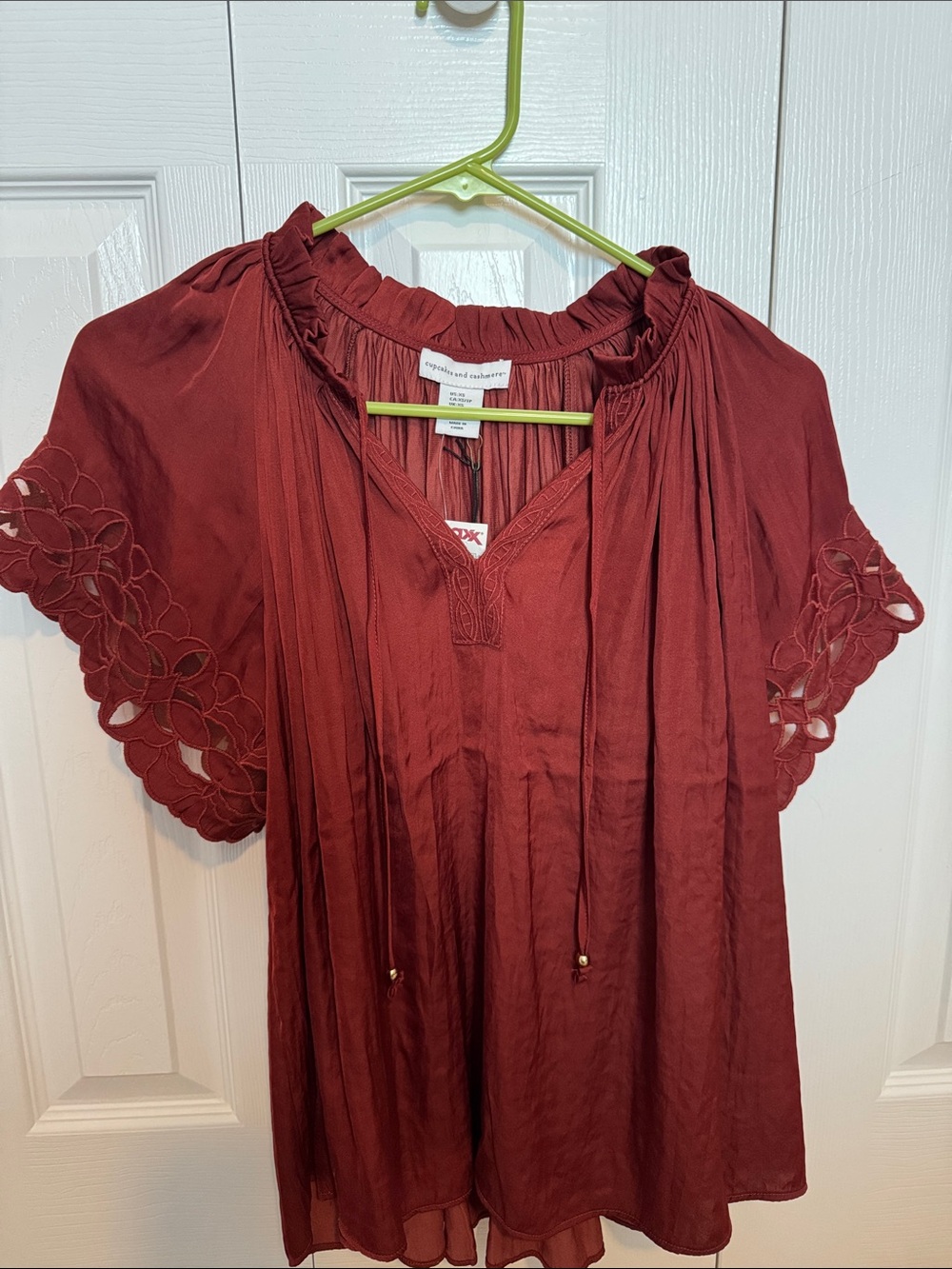 cupcakes & cashmere Wine Embroidered Tie-Neck Peasant Tunic